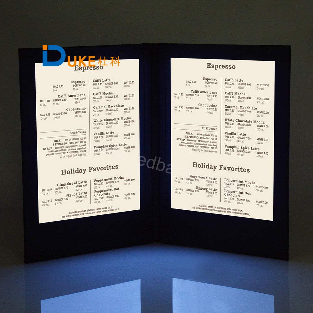 Customized PVC Leather Material High Quality LED Lighted up Illuminated Backlit Hotel Restaurant Menus Cover with A4 Size